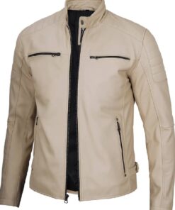 Beige Cafe Racer Leather Jacket for Men