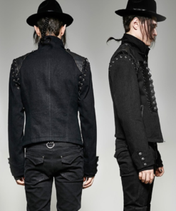 Black Braided Gothic Military Denim Jacket With Leather Shoulders