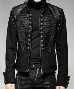 Black Braided Gothic Military Denim Jacket With Leather Shoulders