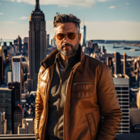 tylish man wearing sunglasses and brown leather jacket posing in front of the Empire State Building in New York City